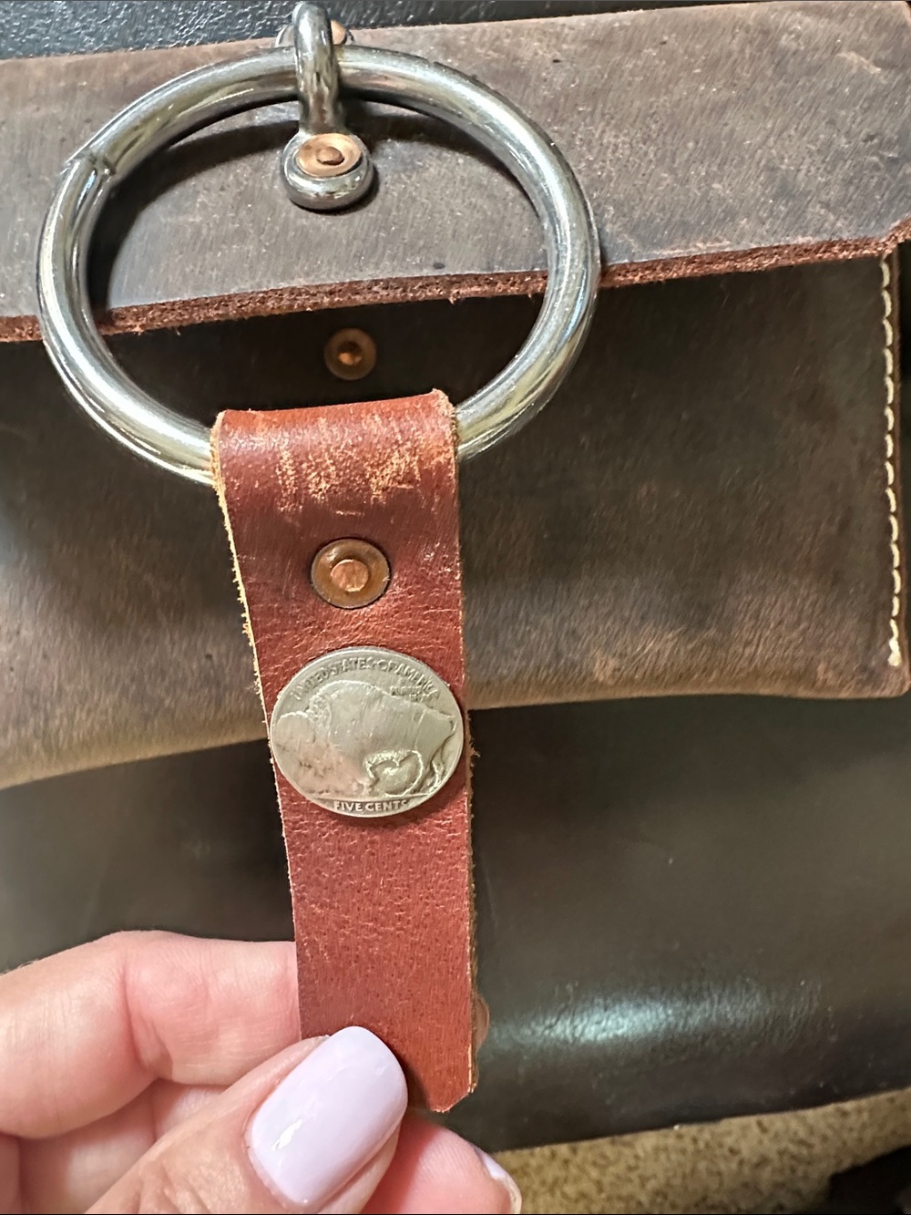 Brown Leather Crossbody Bag with Metal Ring Accent - Picture 4 of 4
